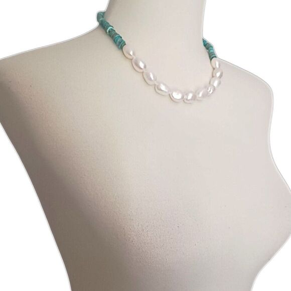 Turquoise Baroque Pearl Necklace Sterling Silver Toggle WW Kingman Western - Picture 9 of 16